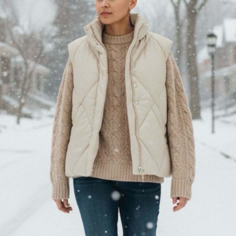 Abercrombie & Fitch Cream Vegan Leather Puffer Quilted Puffer Vest Oversized XL